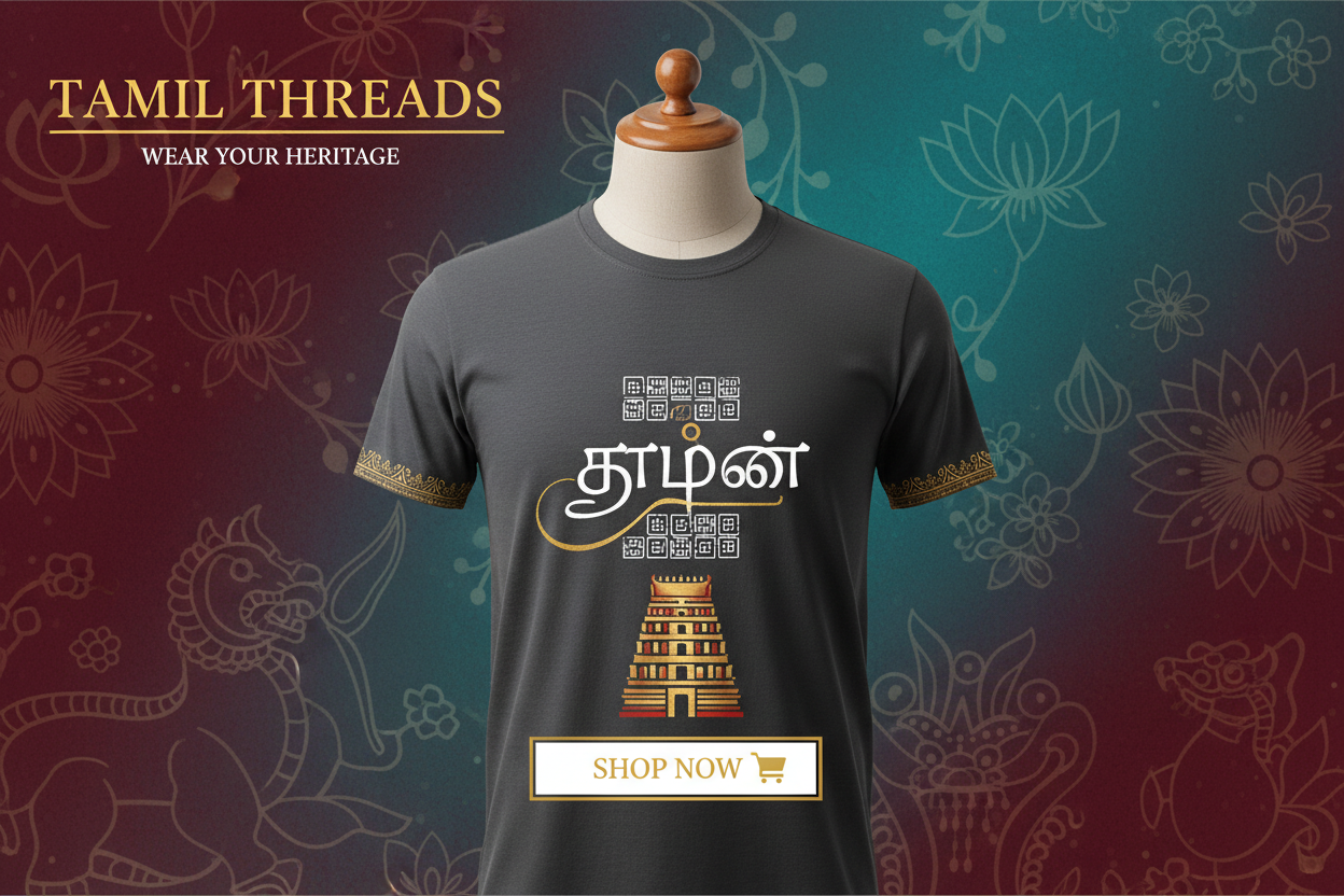 Create a banner image for tamil inspired t shirt at yazhcraft.com